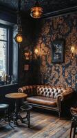 Cozy interior with a vintage leather sofa, elegant decor, and warm lighting in a rustic style photo