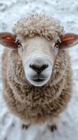 A close up view of a friendly sheep with curly wool looking curiously at the camera indoors photo
