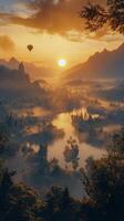 Hot air balloon soaring over a misty valley at sunrise with mountains in the background photo