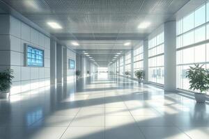 Modern corridor with large windows and plants during daytime at a contemporary building photo