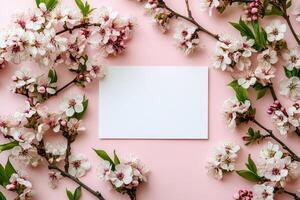 Pink flowers arranged around a blank card on a pastel pink background for a seasonal celebration photo