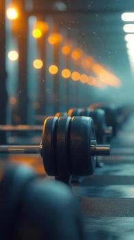 Darkened gym with weights on the floor, illuminated by soft scattered lights during evening workout photo