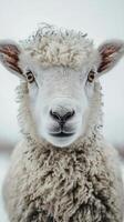A close up view of a friendly sheep with curly wool looking curiously at the camera indoors photo