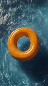 Bright yellow swimming ring floating on clear blue water in a sunny pool setting photo