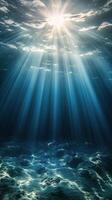 luz de sol filtros mediante claro agua, creando un sereno, brillante submarino ambiente foto