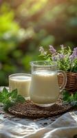 Refreshing natural beverage made from oats served with daisies in a serene outdoor setting photo