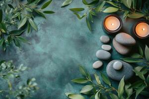 Calm and serene setting with candles, decorative stones, and palm leaves on a light background photo