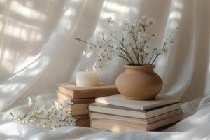 A peaceful setting with a lit candle and a vase of dried flowers resting on a wooden surface photo
