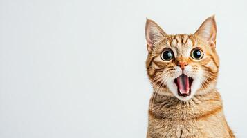 Cute cat with surprised expression funny face copy space background photo