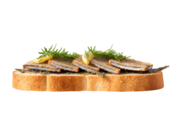 Crispy Sardine Toast with a golden brown crust, topped with herbs and a squeeze of lemon, vibrant png