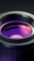 Close up view of a camera lens revealing intricate details and reflections in vibrant colors photo
