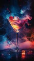 A vibrant cocktail with ice and a cherry surrounded by colorful smoke effects at night photo