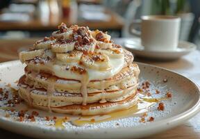 Delicious Stack of Buttery Pancakes With Banana and Chocolate photo