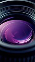 Close up view of a camera lens revealing intricate details and reflections in vibrant colors photo