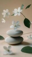 White stones and delicate flowers arranged with droplets on a soft surface during natural daylight photo