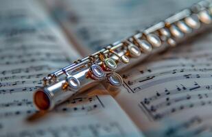 Silver Flute Resting On Sheet Music With Warm Bokeh Lights photo