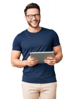 homem com copos, rindo abertamente, segurando uma tábua, vestido casualmente, transparente fundo. png