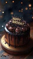 A beautifully crafted chocolate cake with smooth frosting and golden decoration stands prominently photo