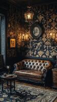 Cozy interior with a vintage leather sofa, elegant decor, and warm lighting in a rustic style photo