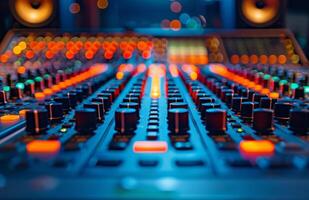 Close Up of Soundboard Controls in a Recording Studio photo