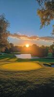 Sunrise over a serene golf course with a pond and vibrant colors in the sky photo
