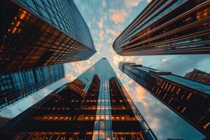 Upward View of Modern Skyscrapers Against a Blue Sky in a City photo