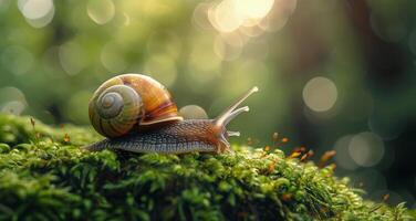 A Snail Crawling On Green Moss In The Sunlight photo