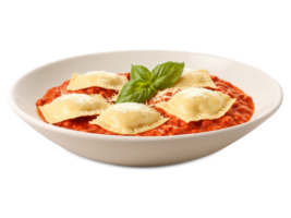 Italian ravioli with tomato sauce, fresh basil, and melted cheese topping. png