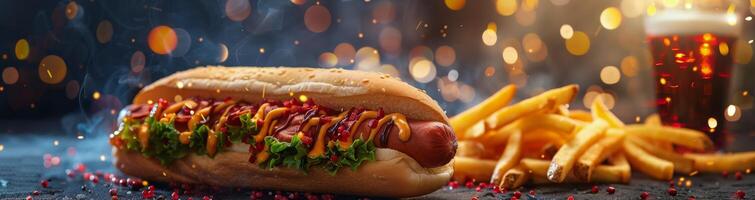 A Steaming Hot Dog With Mustard, Chili, and French Fries photo