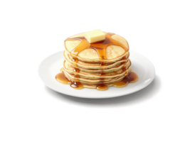 Pancakes with Maple Syrup Fluffy pancakes stacked high, topped with a generous drizzle of warm maple syrup, and served png