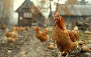 Brown Hen Standing In Front of Rustic Farmhouse on a Cloudy Day photo