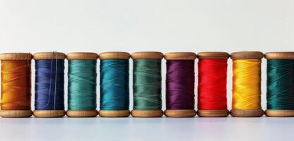 Colorful Spools of Thread Arranged on Wooden Shelf photo