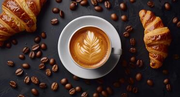 A Cup of Latte With Croissants and Coffee Beans on a Dark Surface photo