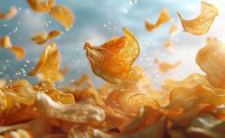 Crispy Potato Chips Falling in Slow Motion Against a Blue Sky photo