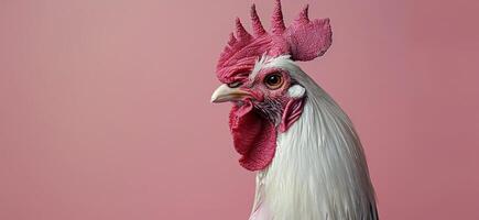 White Rooster Portrait Against Pink Background photo