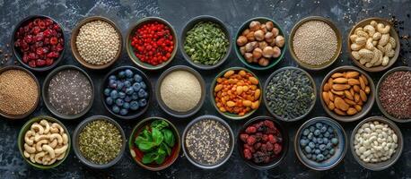 Various Healthy Foods in Bowls on a Dark Surface photo