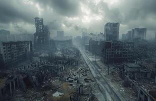 A Solitary Figure Walks Through a Desolate Post-Apocalyptic City Under a Stormy Sky photo