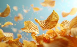 Crispy Potato Chips Falling in Slow Motion Against a Blue Sky photo