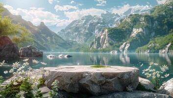 Stone Platform Overlooking Mountain Lake With Daisies photo