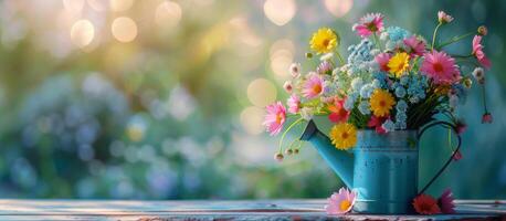 Colorful Wildflowers in a Blue Watering Can on a Wooden Table photo