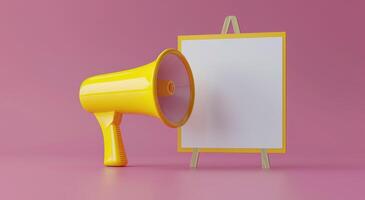 Yellow Megaphone and Blank White Sign on Pink Background photo
