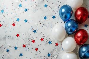Blue, Red, and White Confetti Balloons on White Background With Stars photo
