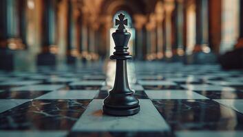 A Black Chess King Stands Tall on a Wooden Chessboard photo