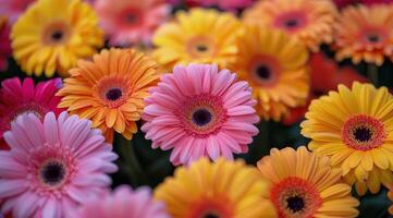 A Close Up View of Colorful Gerbera Daisies in Full Bloom photo
