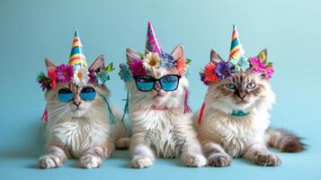 Three White Cats Wearing Party Hats and Sunglasses photo