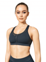 sleek black sports bra with a subtle logo design at the center, made from compression fabric for medium-impact support. png