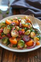 Colorful roasted Brussels sprouts and carrots salad served on a white plate with fork photo