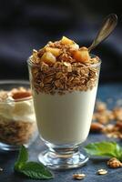 Creamy yogurt topped with crunchy granola and fresh fruit served in a clear glass dish photo