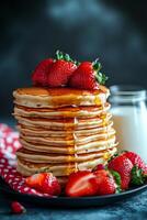 Stack of fluffy pancakes served with honey by a sunny window on a cozy autumn morning photo
