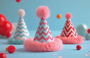Vibrant party hats with pom poms and fluffy trim on a bright blue background photo